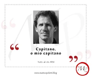 Grafica per il blog di Matteo Poletti. Primo piano in bianco e nero di Franco Baresi. Frase fra virgolette rosse: "Capitano, o mio capitano". Riferimento al sito ANSA e al blog di Matteo Poletti. Logo con lettere "MP" fra virgolette rosse e cerchiate di rosso