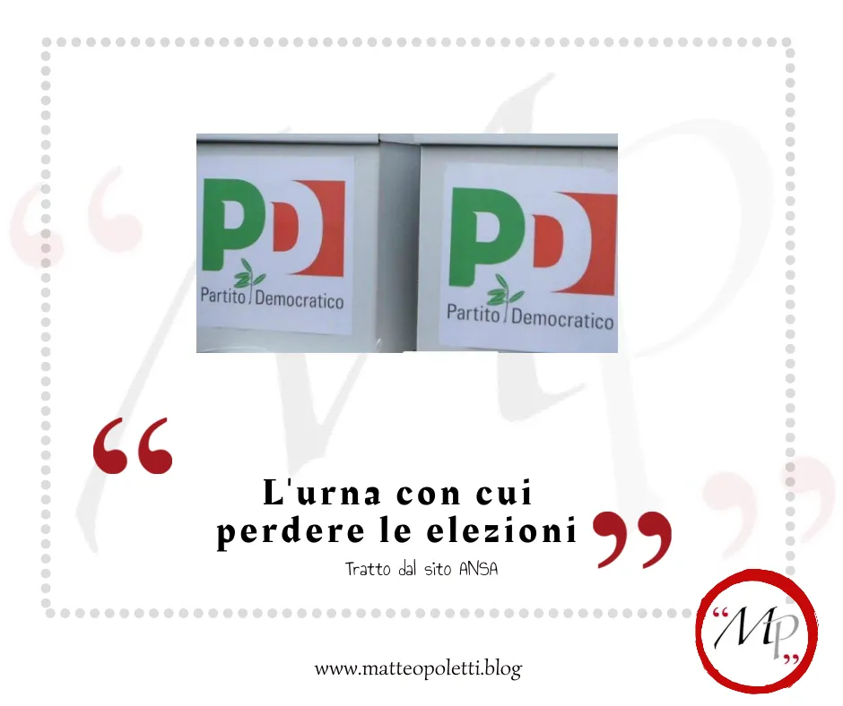 Grafica per il blog di Matteo Poletti. Fotografia di due urne per le elezioni Primarie del Partito Democratico. Frase fra virgolette rosse:"L'urna con cui perdere le elezioni". Riferimento al sito ANSA e al blog di Matteo Poletti. Logo con lettere "MP" fra virgolette rosse e cerchiato di rosso.